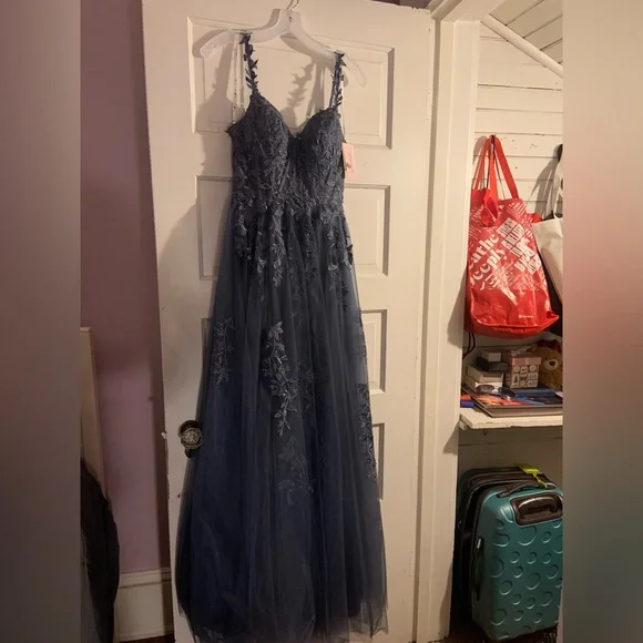 David's Bridal Blue Lace Prom Dress - Picture 5 of 6
